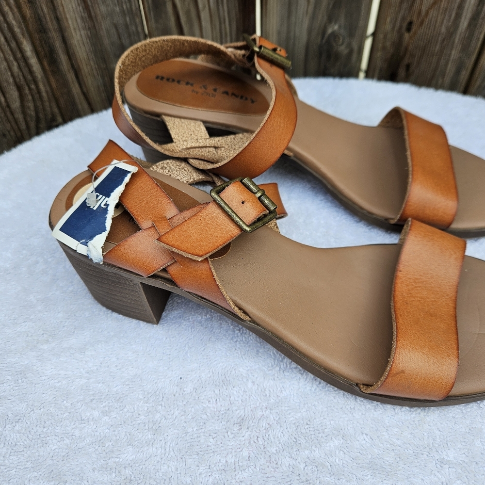 Rock & Candy Elegant Tan Sandals Block Heel Size 7 - Picture 10 of 16